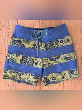 reyn spooner Blue and Olive Floral Stripe Swim Trunks